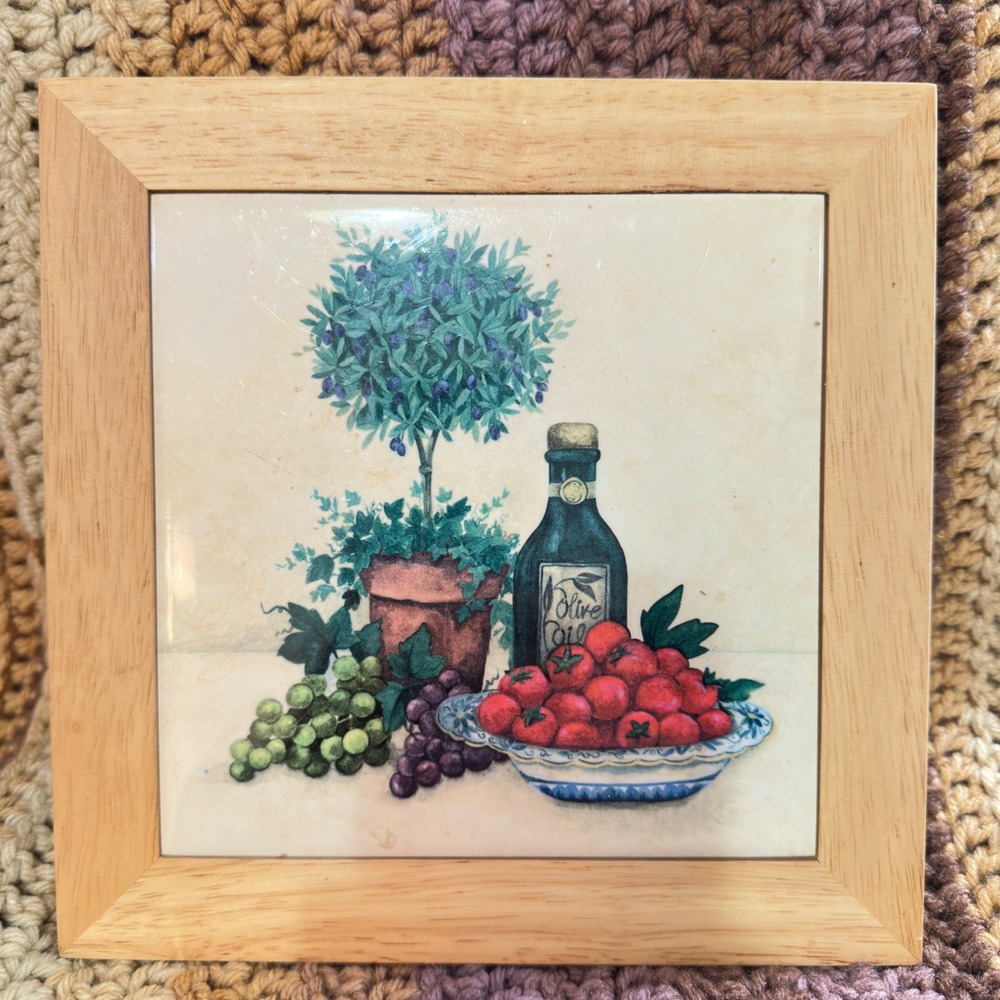 Framed Ceramic Tile Wall Art Mediterranean Still Life Olive Oil Grapes 8x8